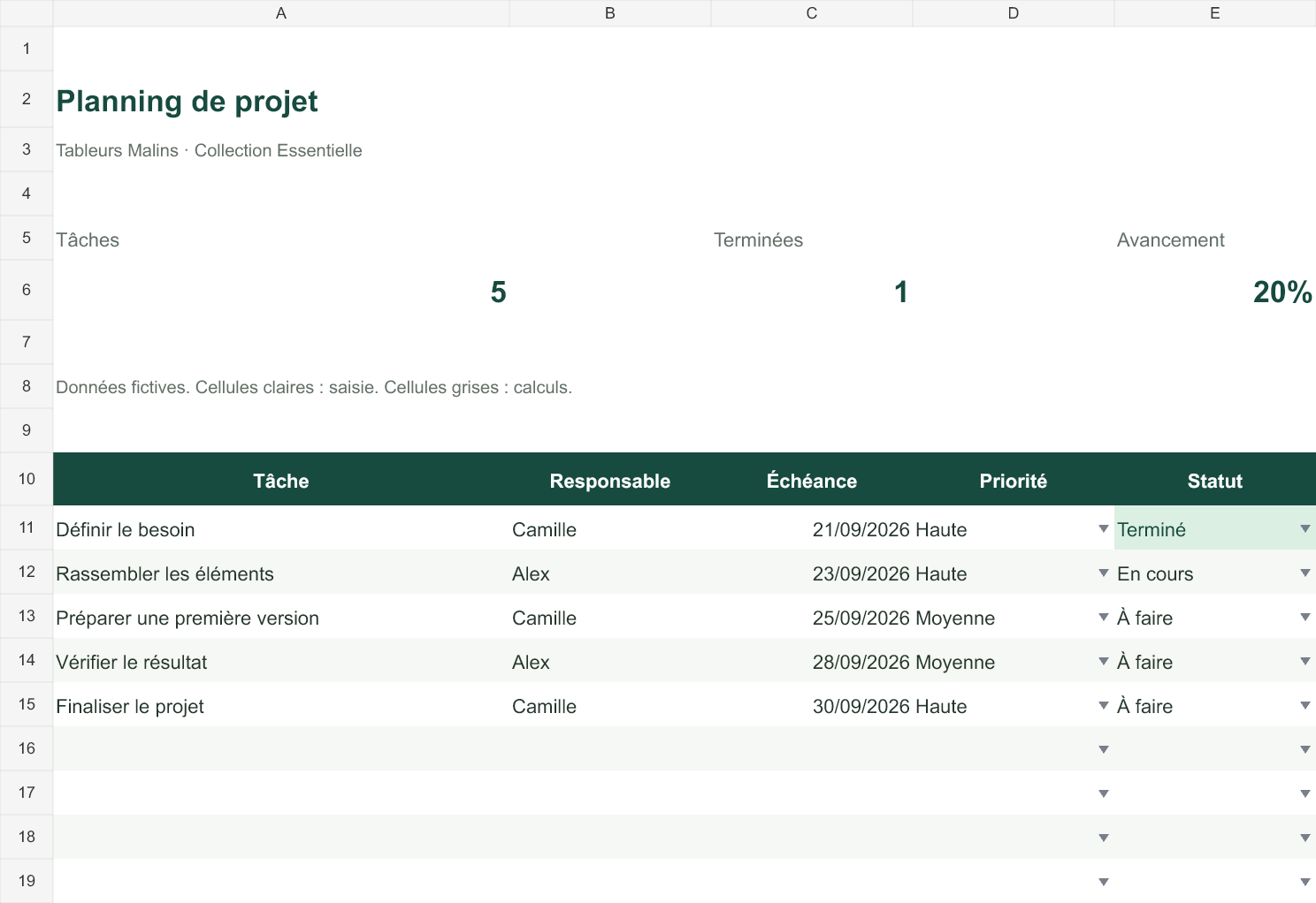 Aperçu du Planning de projet avec tâches, échéances et statuts